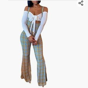 NWT Plaid Two Piece Jumpsuit Off The Shoulder